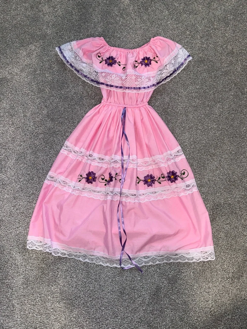 Pink Floral Lace Girls' Mexican Dress